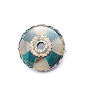 Antique Scottish Silver Brooch Mother of Pearl Green Stone Medallion GUC